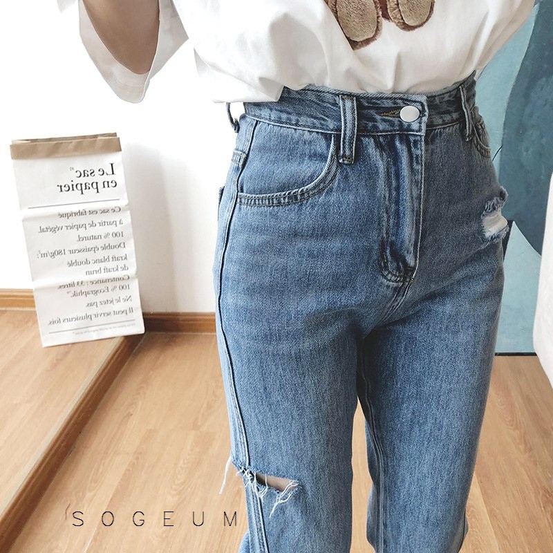 Quần jean nữ co giãn, Quần bò cạp cao ống vẩy rách xẻ tà màu xanh sogeum.store | BigBuy360 - bigbuy360.vn