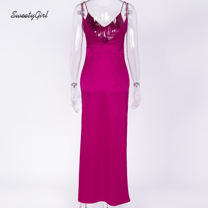 Đầm maxi màu trơn cổ chữ V xẻ tà thời trang quyến rũ cho nữ