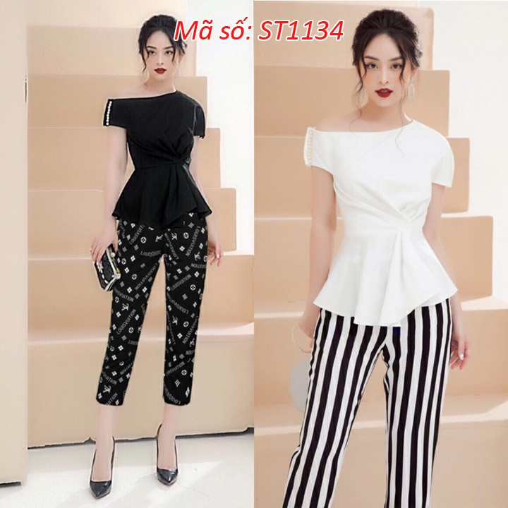 ➡️#ST1134 Set nguyên bộ áo peplum bẹt vai đính hột quần lửng xinh xắn