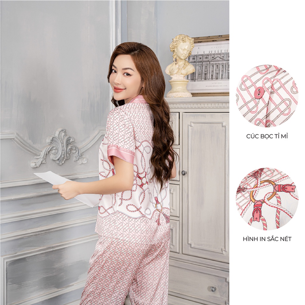 Bộ ngủ satin ZAM Luxury - SLA83 - áo ngắn tay quần lửng họa tiết