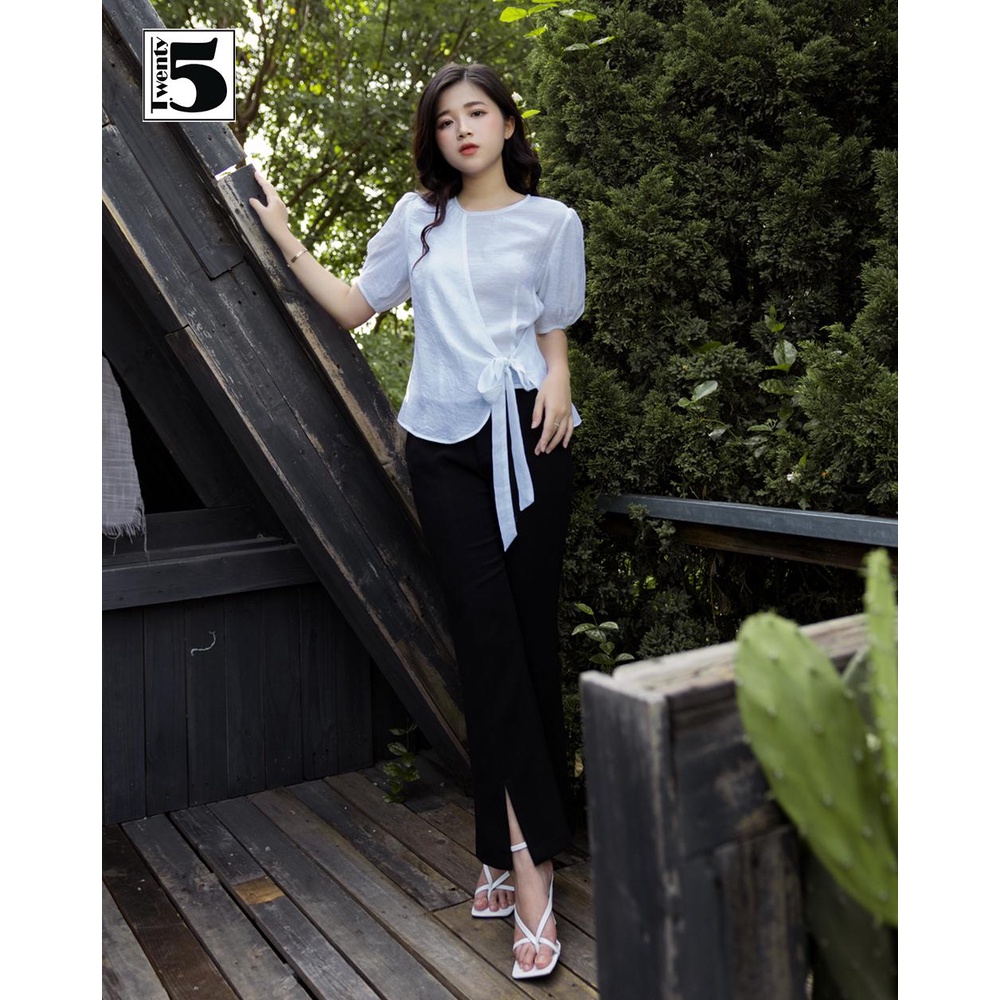 Áo sơ mi kiểu nữ công sở đắp tà thắt nơ eo chất cotton nhăn Twentyfive TA5