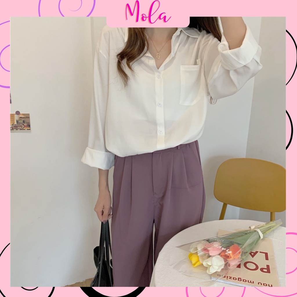 Áo Sơ Mi Form Rộng  MOLA  Màu Trắng Dáng Dài 1 Túi Kiểu Hàn Quốc Vintage Ulzzang Tiểu Thư Bánh Bèo Chất Đũi