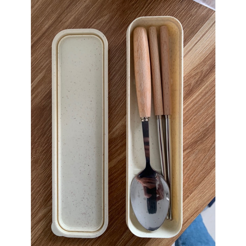 Bộ Đũa Thì Dĩa Inox Tay Cầm Cán Gỗ, Hộp Thìa Dĩa Văn Phòng ( Tặng Kèm Hộp )