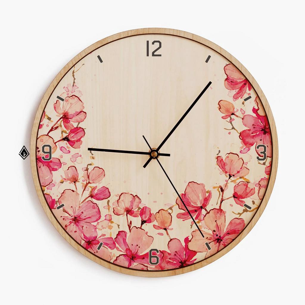 Đồng hồ gỗ treo tường Hoạ tiết hoa đào - Đồng hồ gỗ cao cấp decor, trang trí nhà cửa sang trọng hiện đại NAU FACTORY