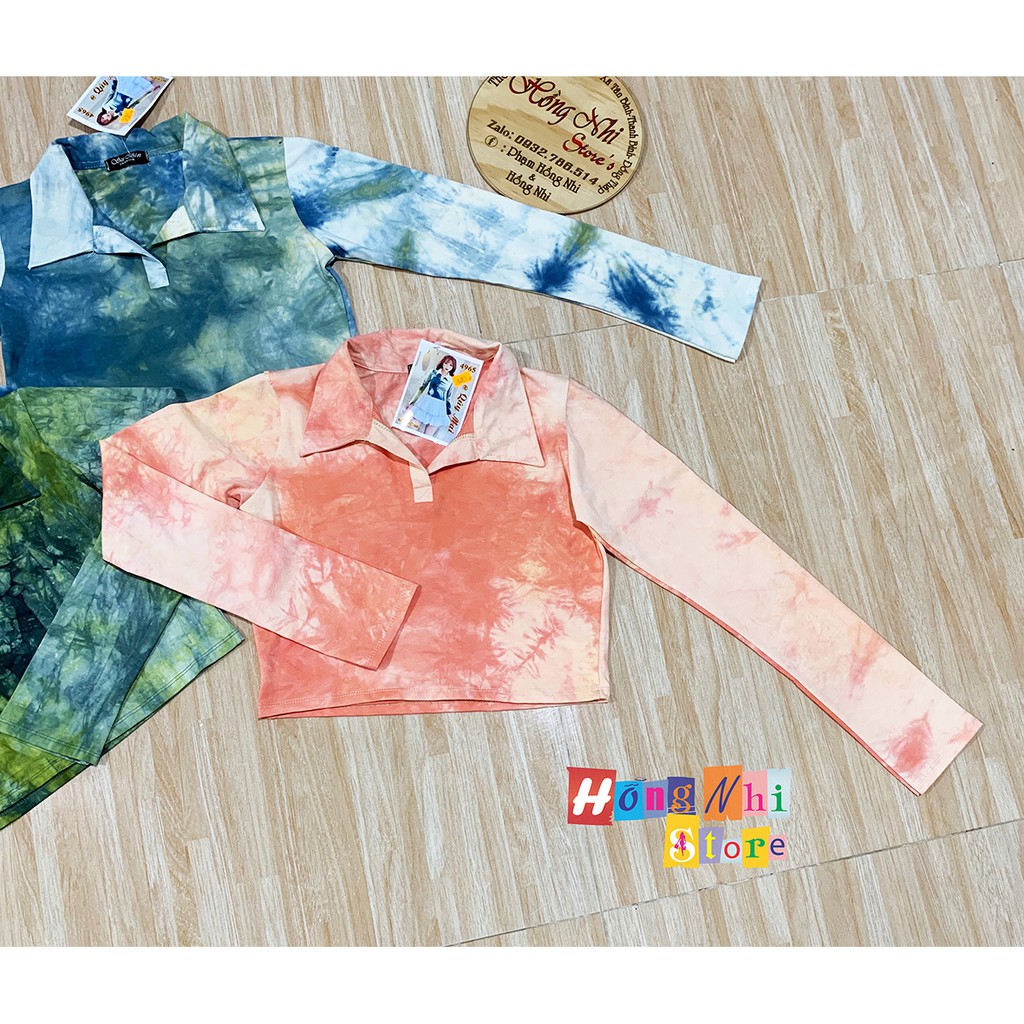 Áo Thun Tie Dye Polo Croptop Body, Thun Cổ Trụ Loang Màu Tay Dài Dáng Ôm