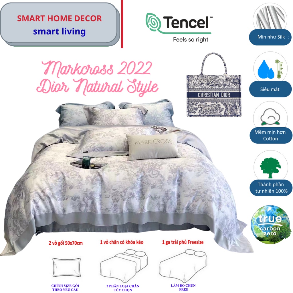 Bộ chăn ga gối cao cấp 100%Tencel 120s Mark cross 2022, Họa tiết phong cách D.ior Natural sang trọng