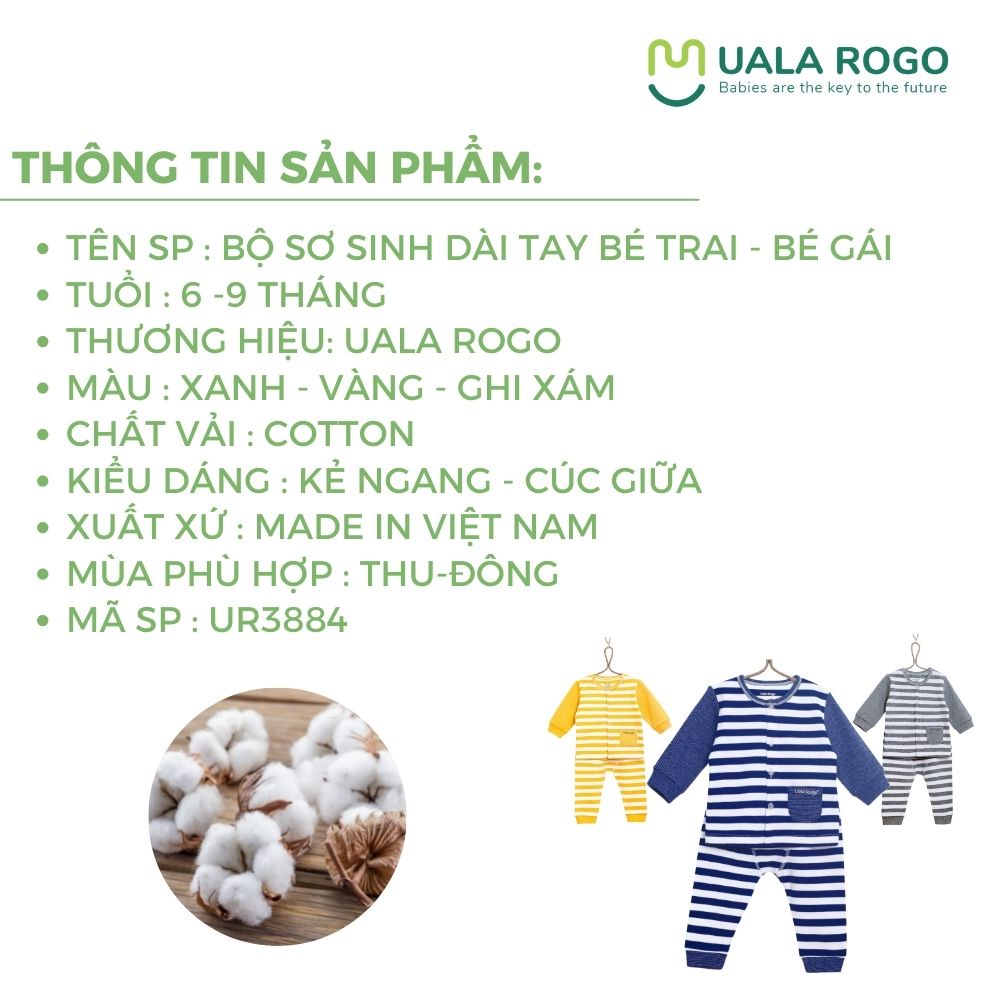 Quần áo sơ sinh Ualarogo bé trai bé gái 0-9 tháng dài tay cúc giữa kẻ ngang to vải Cotton 3884