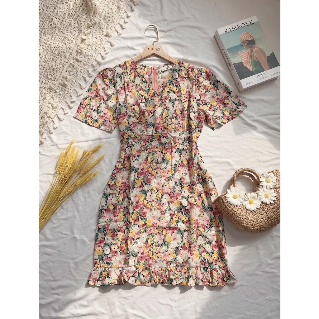 Đầm Lụa C.A.T.I Hoa Vạt Chéo Nhún Bèo - Hàng xuất dư 100%