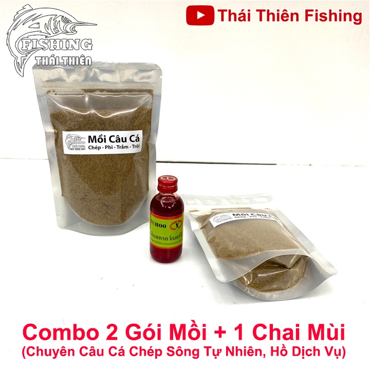 Combo 2 Gói Mồi Câu Cá Chép, 1 Chai Tinh Mùi Thái Lan Dùng Câu Sông Tự Nhiên, Hồ Dịch Vụ