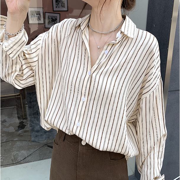 Áo sơ mi dài tay kẻ sọc dáng rộng phong cách Hàn Quốc cho nữ