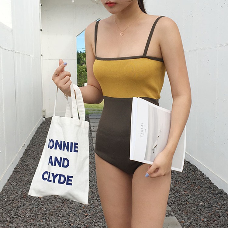 Bikini đồ bơi nữ 1 mảnh liền thân 2 dây phối màu nâu vàng Hàn Quốc