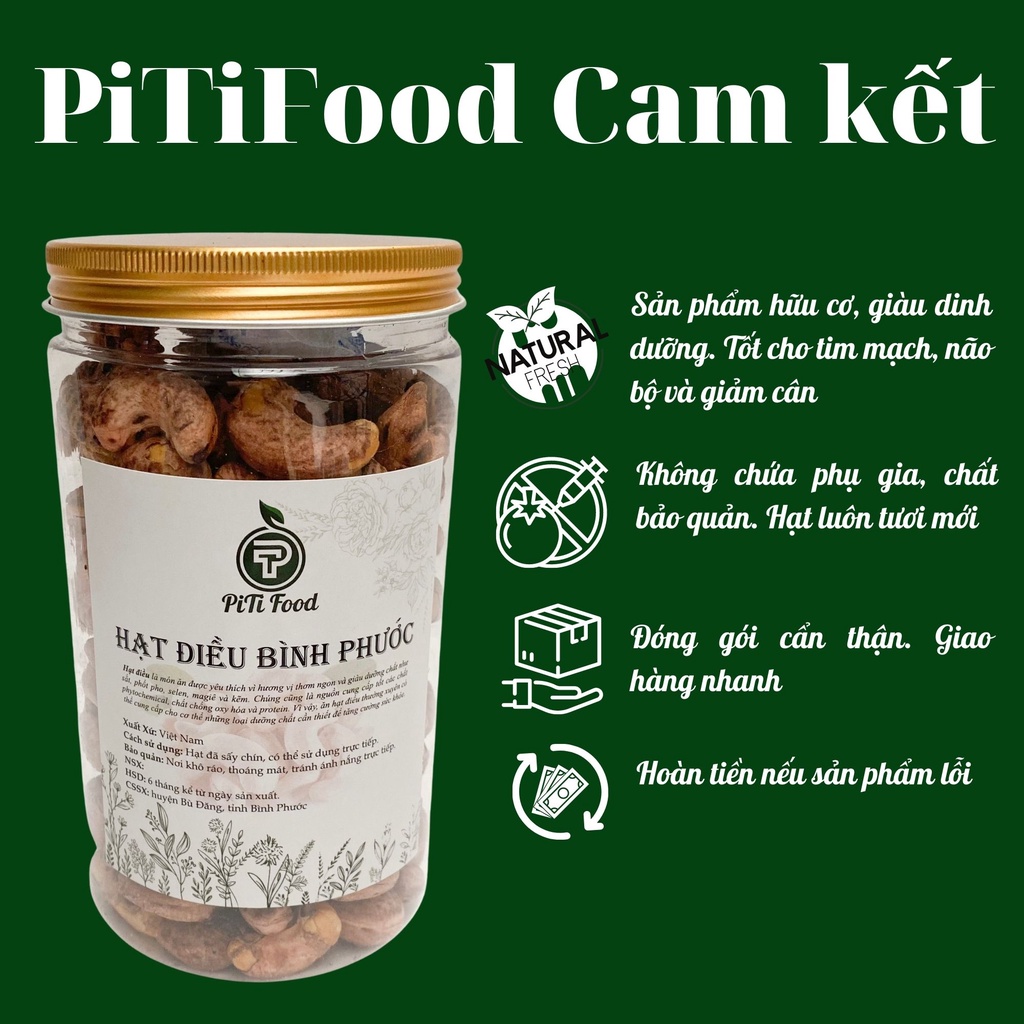 500g Hạt điều rang muối Bình Phước, điều A cồ cao cấp, nguyên hạt loại đặc biệt thơm ngon by PiTi food