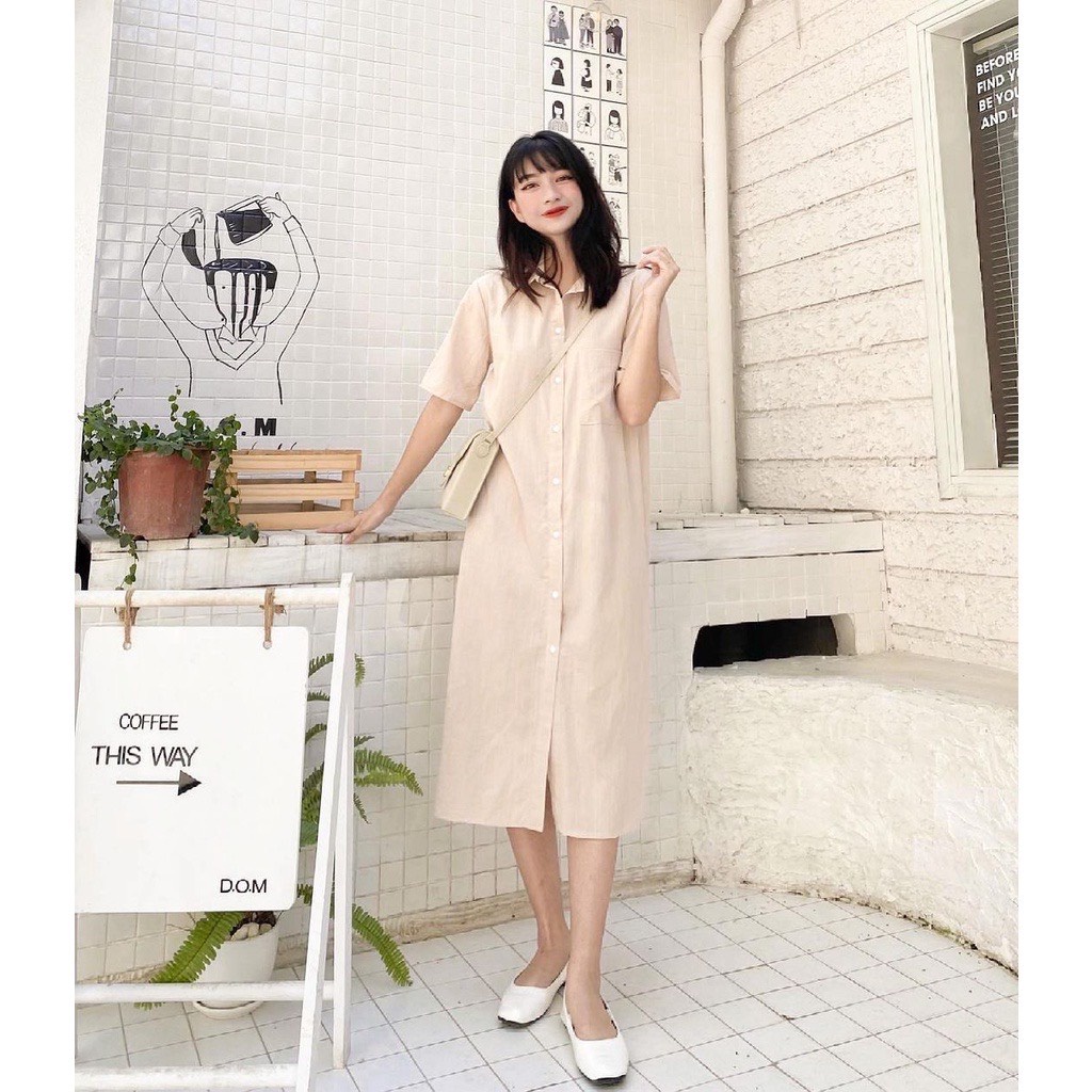 FABRI DRESS 🌼- Đầm sơ mi form rộng chất đũi dáng dài nhiều màu basic phong cách Hàn Quốc