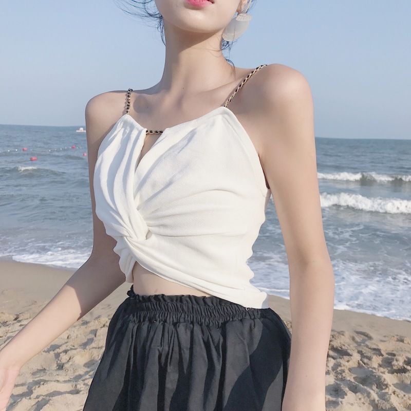 Áo croptop không tay màu trơn xinh xắn cho nữ,  Áo dây họa tiết xếp ly phối dây xích quyến rũ - O2D13