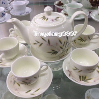 Bộ ấm chén men sứ sương cảnh lá trúc và hoa hồng đẹp tinh tế