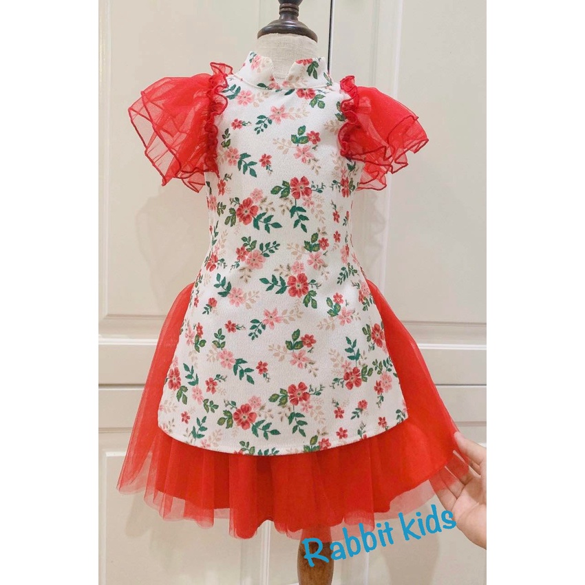 Áo Dài Cách Tân Thiết Kế Cao Cấp Cho Bé Gái FREESHIPTẶNG TURBAN-Rabbit Kids-Đầm Tết Trẻ Em Hoạ Tiết Hoa Lá Chân Váy Đỏ