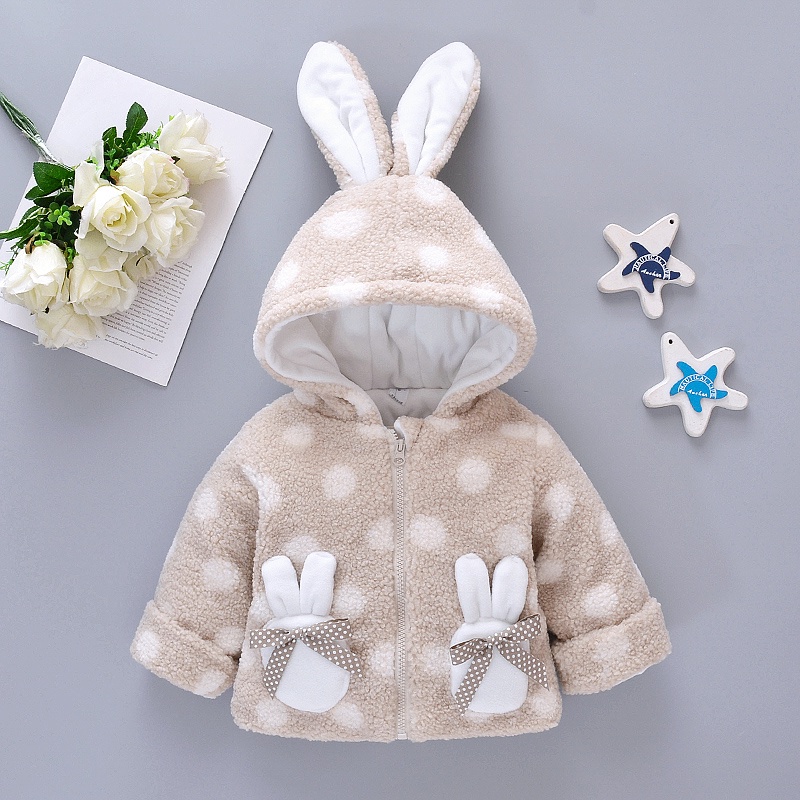 Áo sweater cotton tai thỏ phối túi họa tiết chấm bi thời trang mùa đông 2021 cho bé gái 1-4 tuổi
