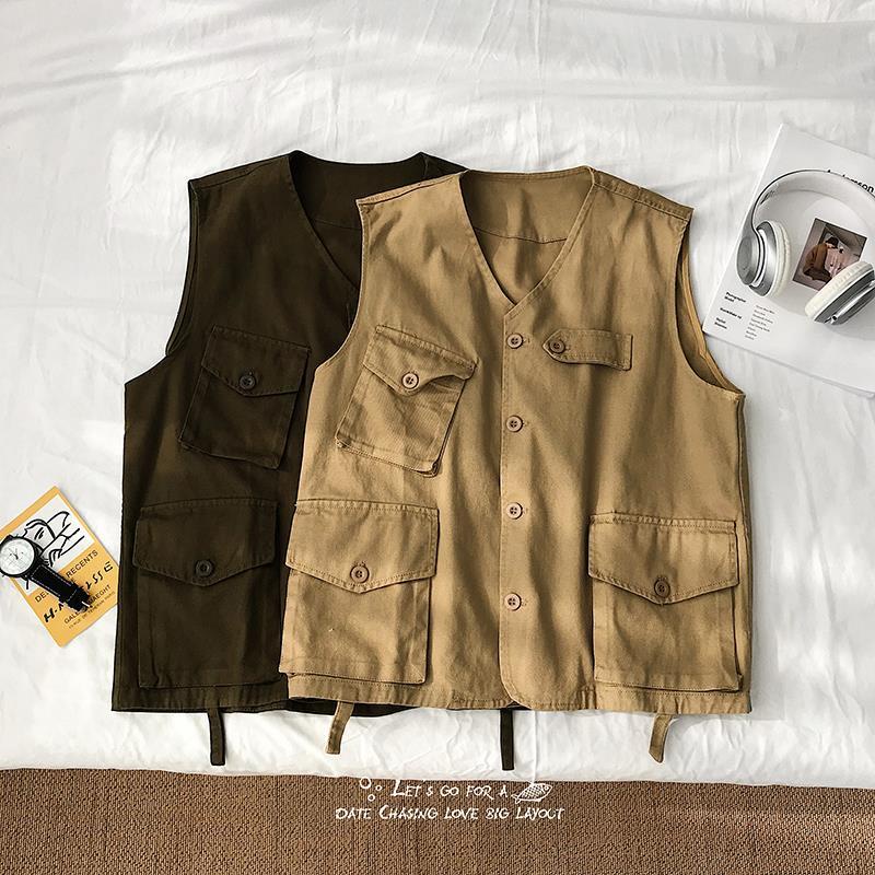 Áo Khoác Không Tay Dáng Rộng Phối Nhiều Túi Phong Cách Retro Hong Kong Cho Nam
