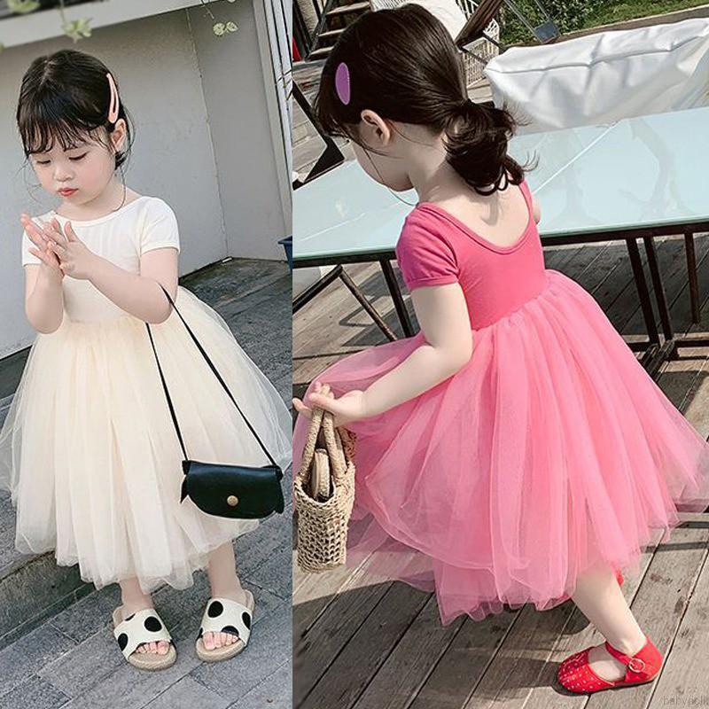 Đầm tay ngắn cổ tròn phối lưới thời trang Hàn Quốc ngọt ngào cho bé gái 2-7 tuổi