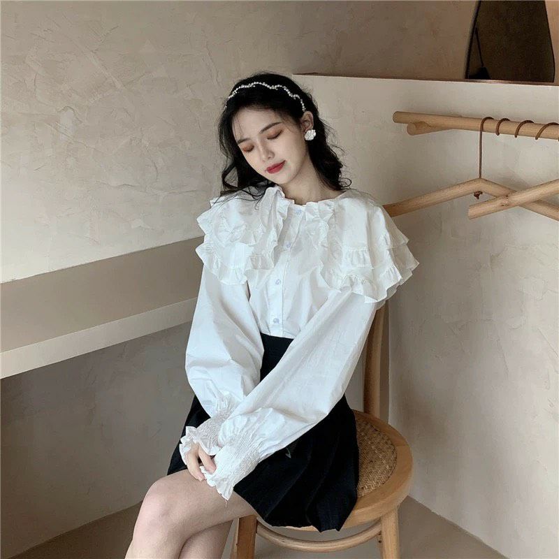 Áo Sơ Mi Cổ Bèo Trắng Tinh Khôi Tiểu Thư