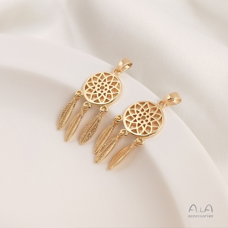 [little Blu] Mặt Dây Chuyền Hình Bông Hoa Lông Vũ Phối Tua Rua Bằng Đồng 14K Màu Vàng Đồng Cao Cấp Làm Mặt Dây Chuyền Phong Cách Mori