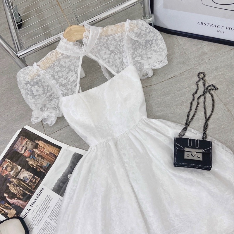 ĐẦM VOAN HOA NỔI CỘT NƠ SAU KÈM CLIP THẬT