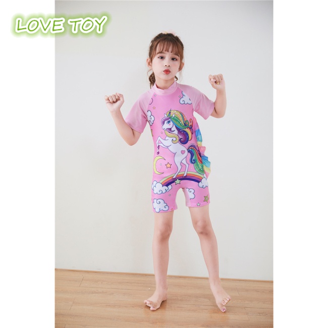 Bộ Đồ Bơi 2 Món Ngắn Tay In Hoạt Hình Kỳ Lân Kèm Mũ Dễ Thương Cho Bé Gái