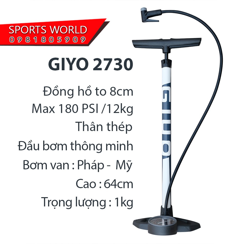 Bơm xe đạp xe máy Đài Loan 180psi/12kg GIYO 2730 thân thép đồng hồ siêu to