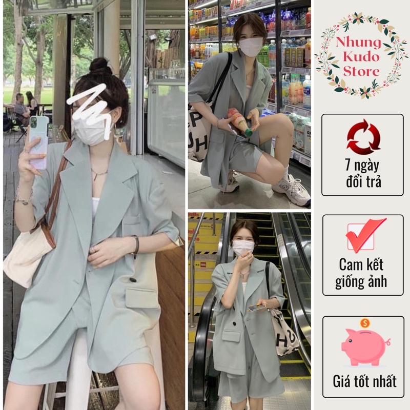 Set áo blazer VEST XANH CỐM kèm quần short màu sang chảnh phong cách Hàn Quốc Nhungkudo