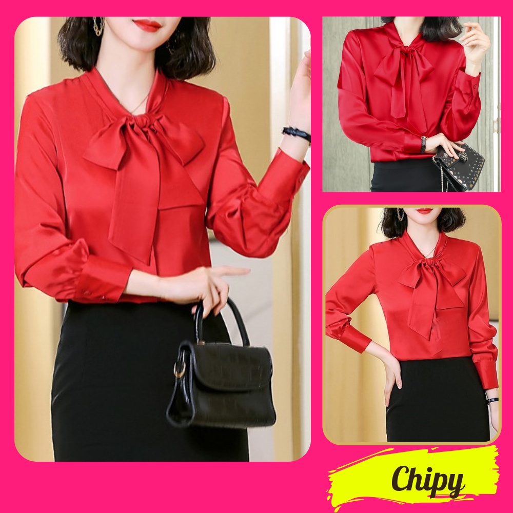 Áo Sơ Mi Kiểu Công Sở Đẹp CHIPY Tay Dài Cổ Thắt Nơ Màu Đỏ Chất Lụa Cao Cấp From Rộng Hàn Quốc Ulzzang Vintage A1D