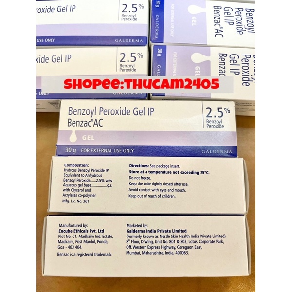 Gel Benzac AC Benzoyl Peroxide 2,5% - 5% xoá giảm mụn, mụn mủ , mụn viêm ,sưng 30g.