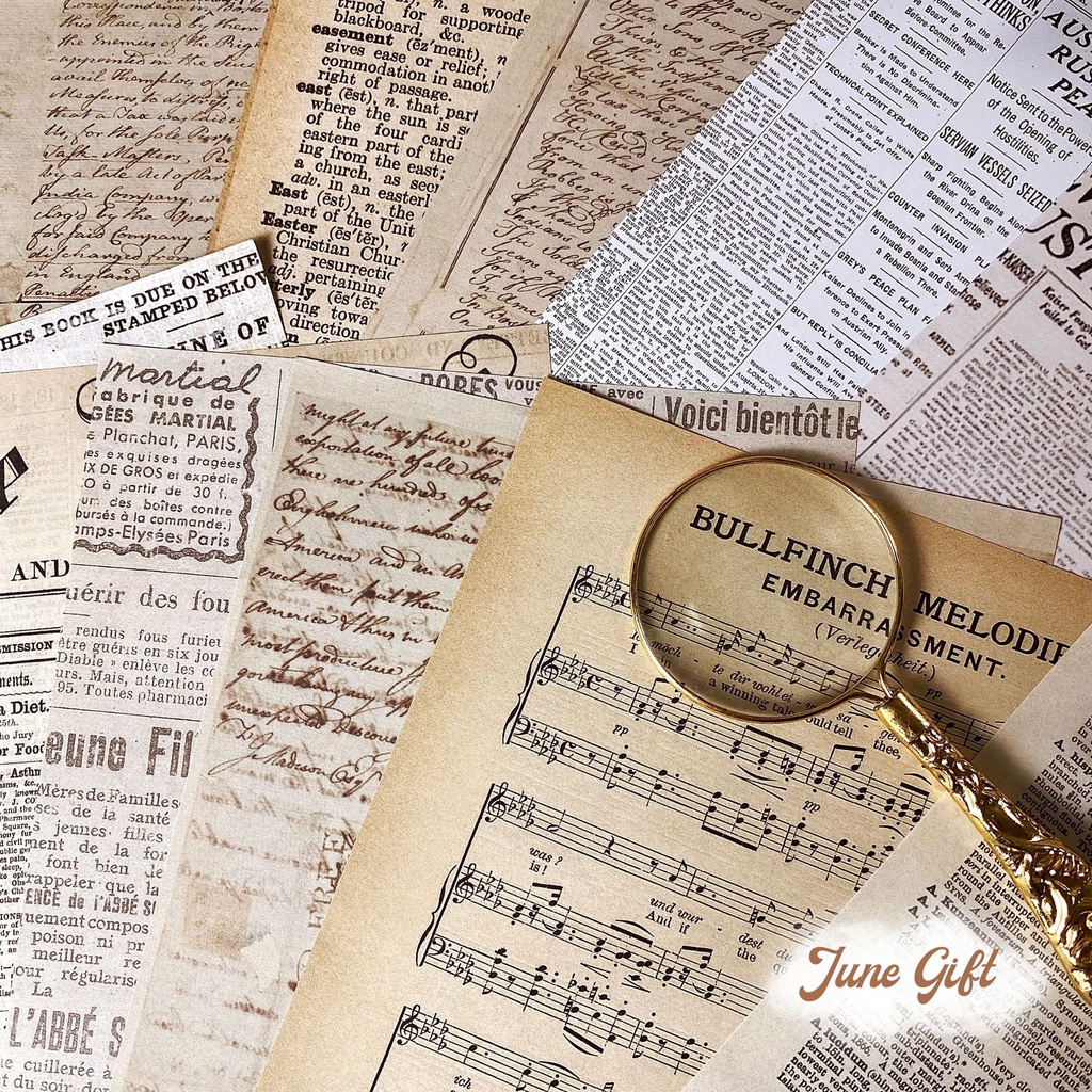 Set 30 giấy báo phong cách retro bản nhạc, báo, sách, truyện trang trí sổ, làm journal