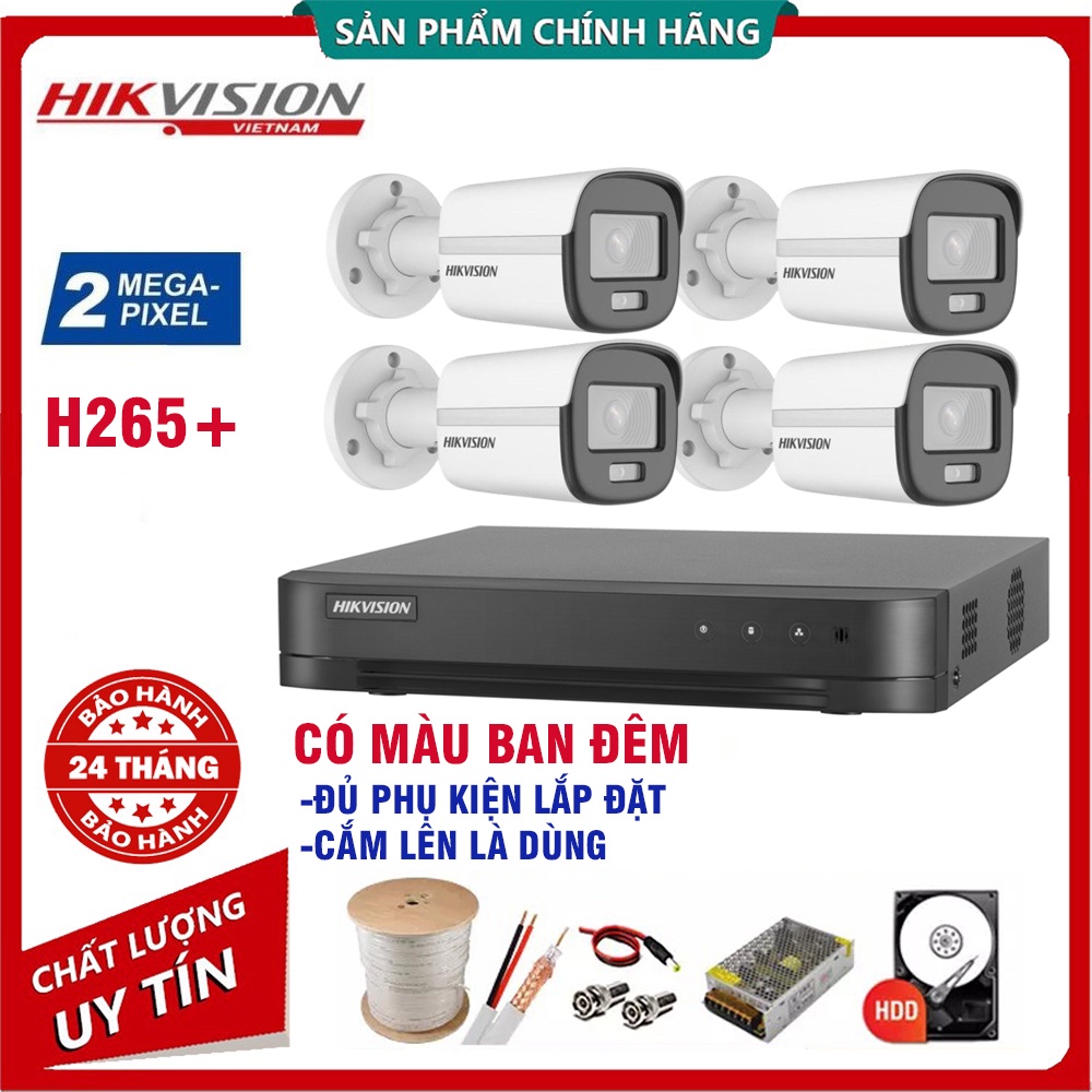 BỘ CAMERA GIÁM SÁT CÓ MÀU BAN ĐÊM HIKVISION 2.0MP -FHD 1080P, ĐỦ PHỤ KIỆN LẮP ĐẶT - BẢO HÀNH 2 NĂM