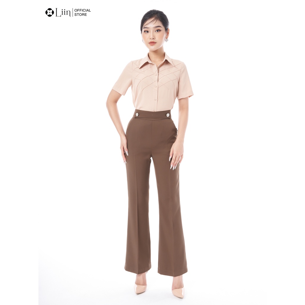 Áo sơ mi nữ cộc tay linbi cao cấp chất vải đũi cộc tay màu nâu phong cách thanh lịchLiin Clothing SM4384