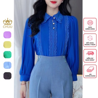 Áo sơ mi nữ công sở kiểu vải voan sọc full ren chuu a8140