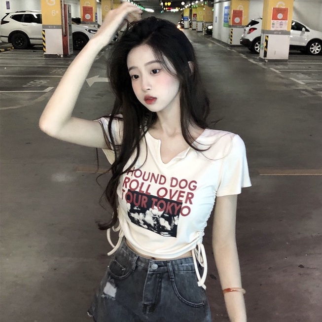 Áo thun lửng ZHELIHANGFEI tay dài phối dây rút thời trang dành cho nữ