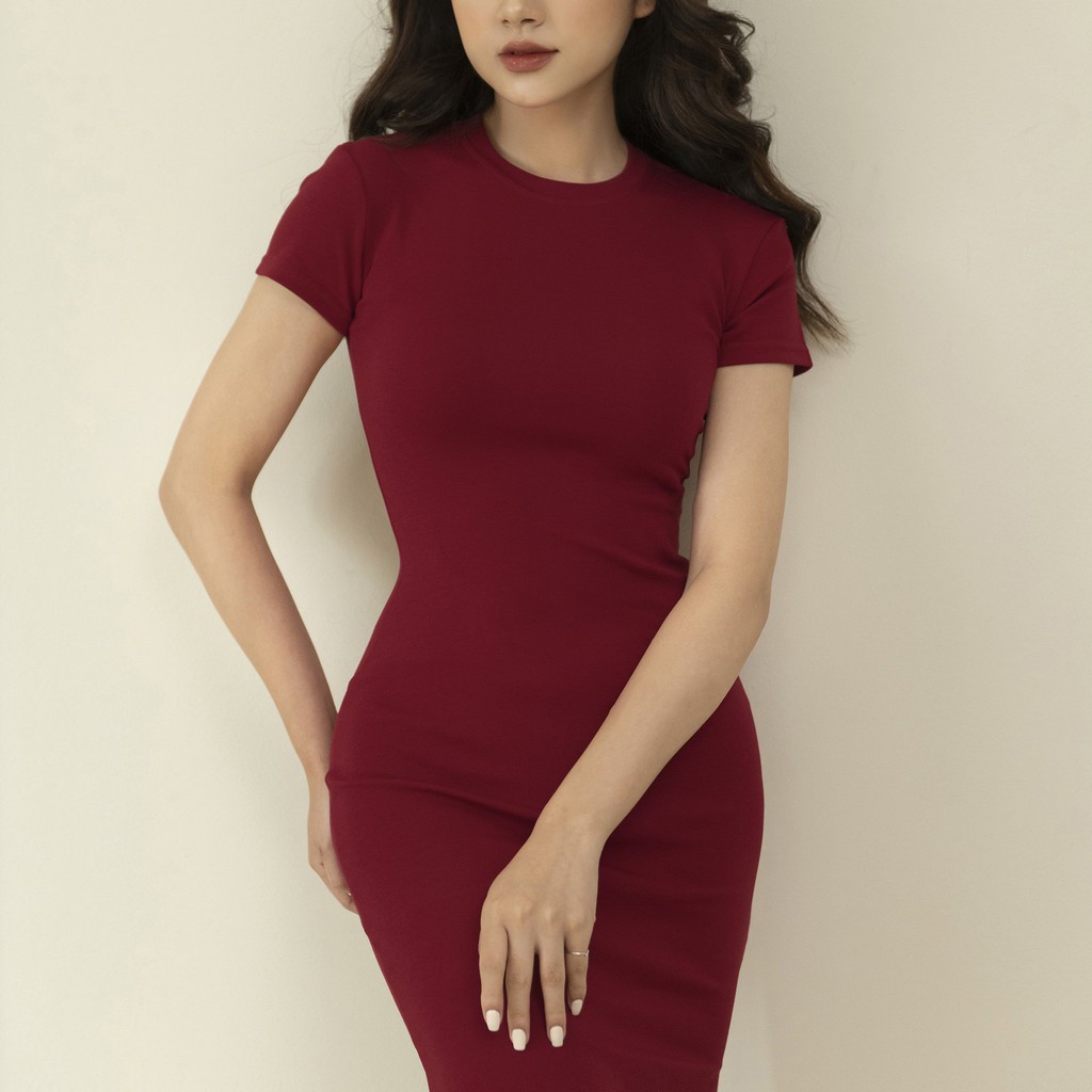 Đầm body LISA tôn dáng CECCI màu đỏ đô quyến rũ, co giãn mạnh