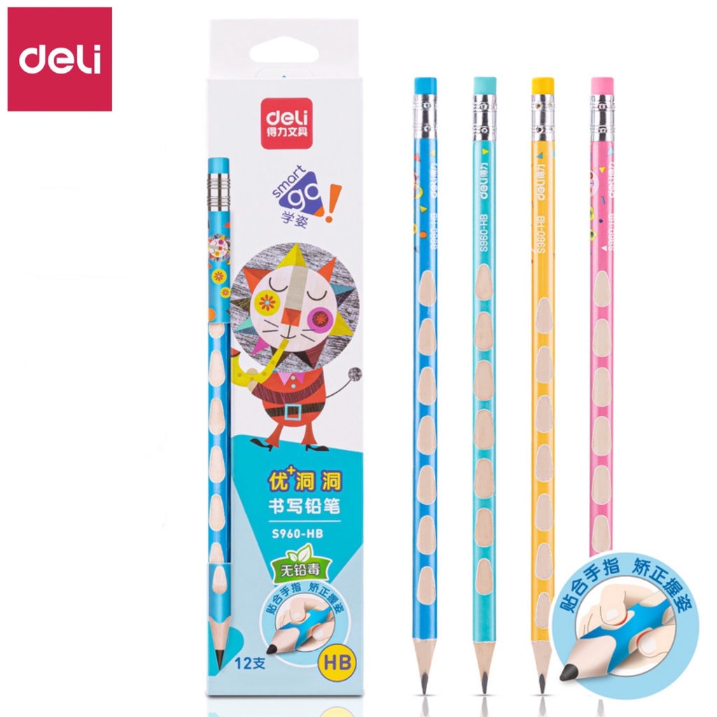 Hộp 12 bút chì định vị tay kèm đầu tẩy Deli - S960 HB/2B