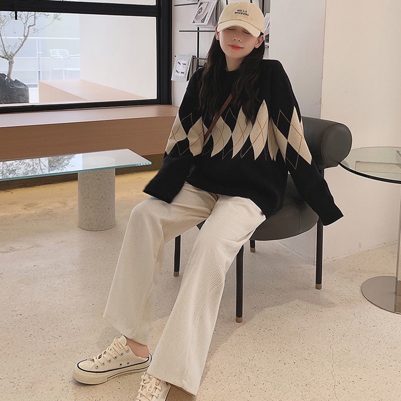 Quần dài ống rộng thẳng cạp cao bằng nhung kẻ phong cách xuân thu Hàn Quốc giản dị mới cho nữ