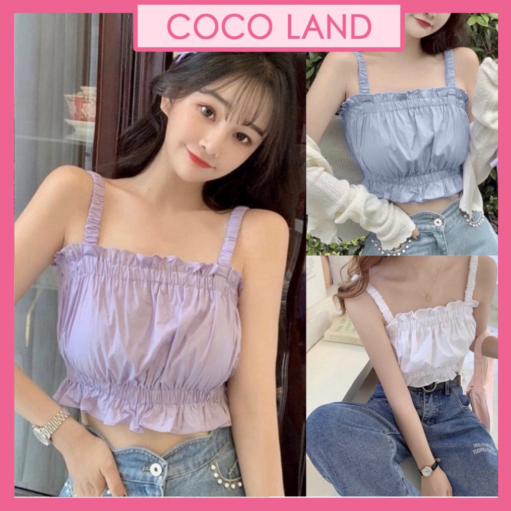 Áo 2 dây croptop nữ bánh bèo mặc nhà đi biển thiết kế chun co giãn phong cách thời trang hàn quốc xinh đẹp A2 coco land