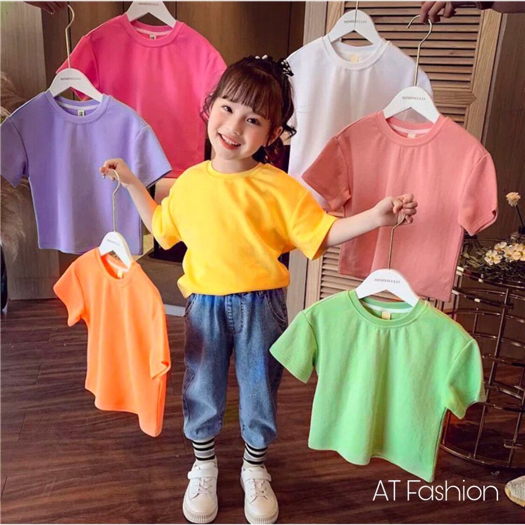 MCBB - 24-49Kg 100% Vải Cotton Áo Thun Bé Gái Ngắn Tay Trơn Basic Áo Phông Bé Gái Cổ Tròn Áo Cộc Tay Cho Bé Trẻ Em Nữ Bộ