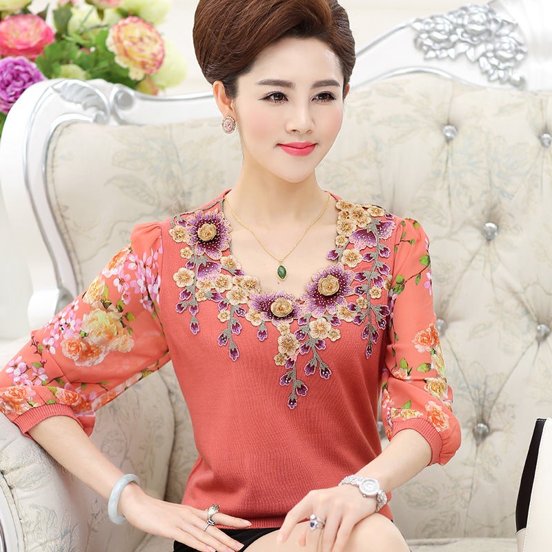 Các bà mẹ trung niên và người cao tuổi mặc áo sơ mi voan mùa xuân, áo sơ mi đan đáy của phụ nữ trung niên mùa hè, áo thu