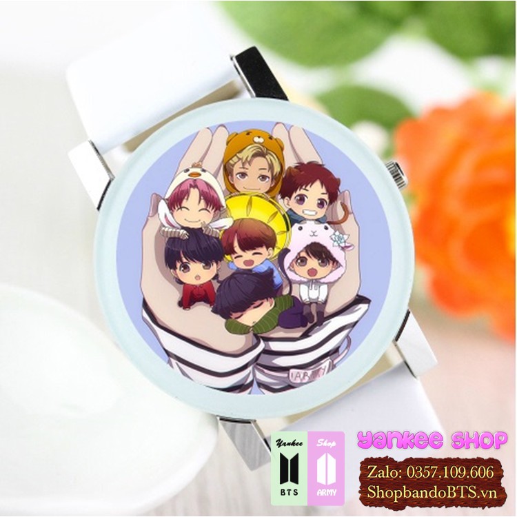 Đồng Hồ BTS In Hình Chibi - Dây Trắng Nam Nữ