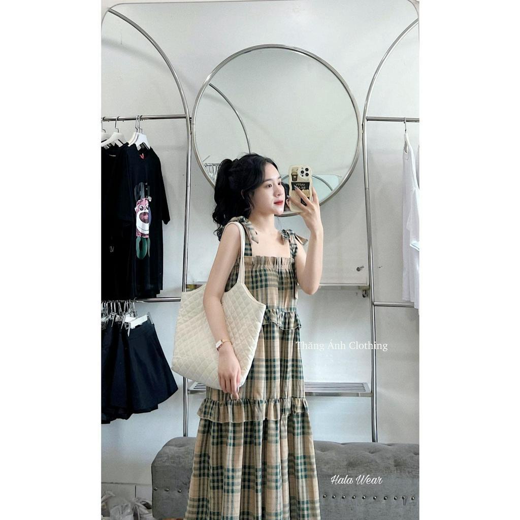 Váy BabyDoll Dáng Dài 3 Tầng Dây Buộc Đầm Nữ 2 Dây Buộc Vai Kẻ Caro Dáng Xoè Freesize