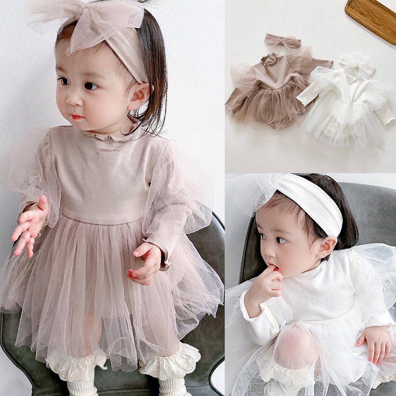 Đầm tay dài kèm băng đô nơ cho bé gái