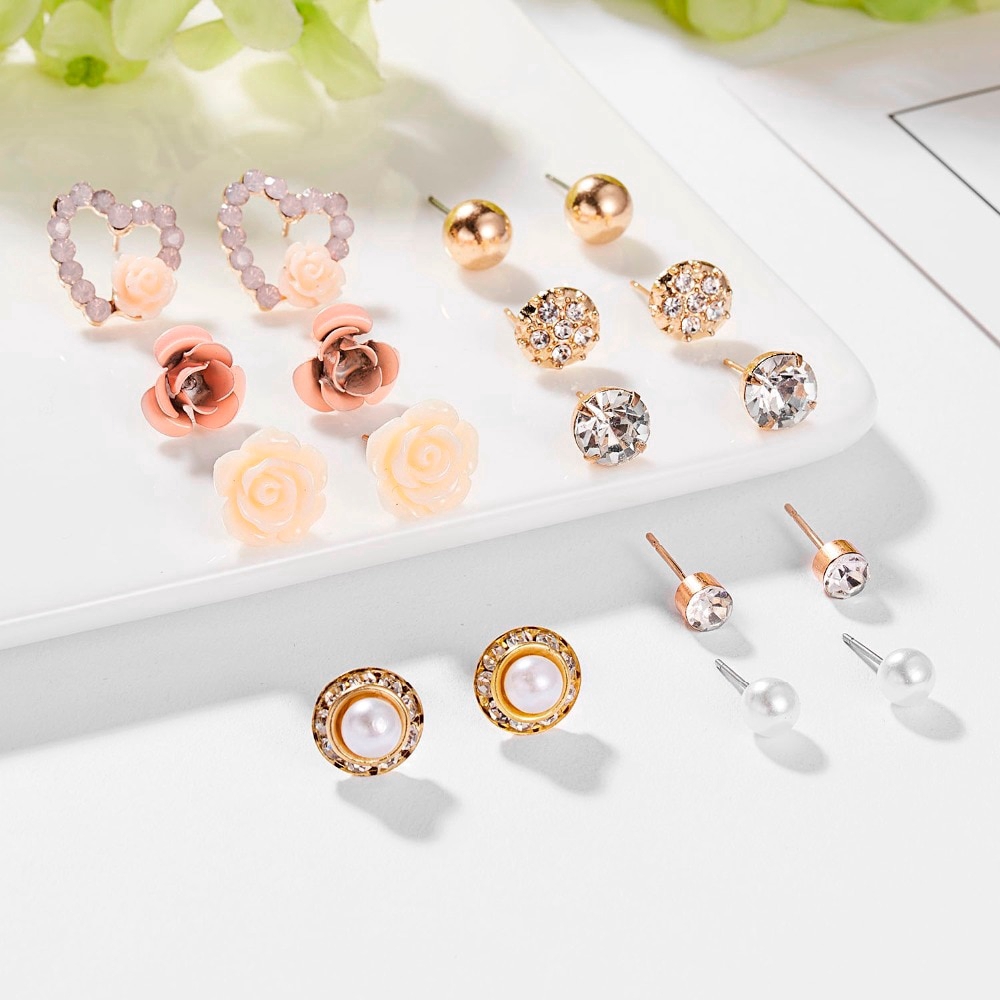 Set 9 đôi bông tai xỏ lỗ đính đá ngọc trai pha lê cho nữ