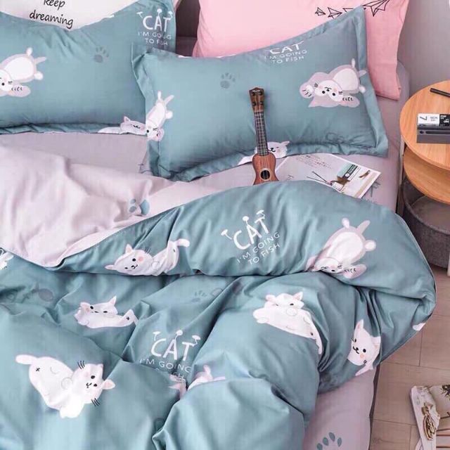 Bộ chăn ga gối Cotton Poly, chăn ga phong cách hàn quốc - Mẫu Mèo ( 6 mẫu lựa chọn. Chát chọn mẫu)