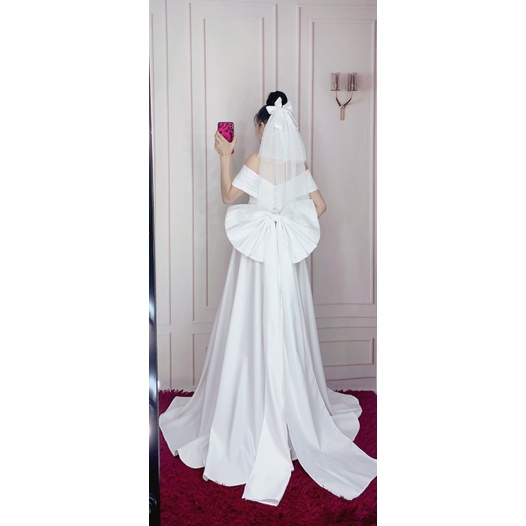 ĐẦM CƯỚI BẸT VAI XẾP LY KÈM NƠ LƯNG ĐUÔI THƯỚT THA fullsize S/M/L/XL ( trắng và đỏ ) viideo và ảnh do chủ tự quay 10000%