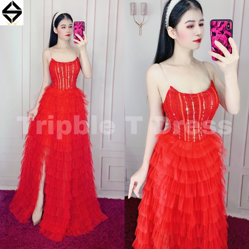 Đầm maxi TRIPBLE T DRESS cúp xếp tầng kết cườm - size M/L - MS348V