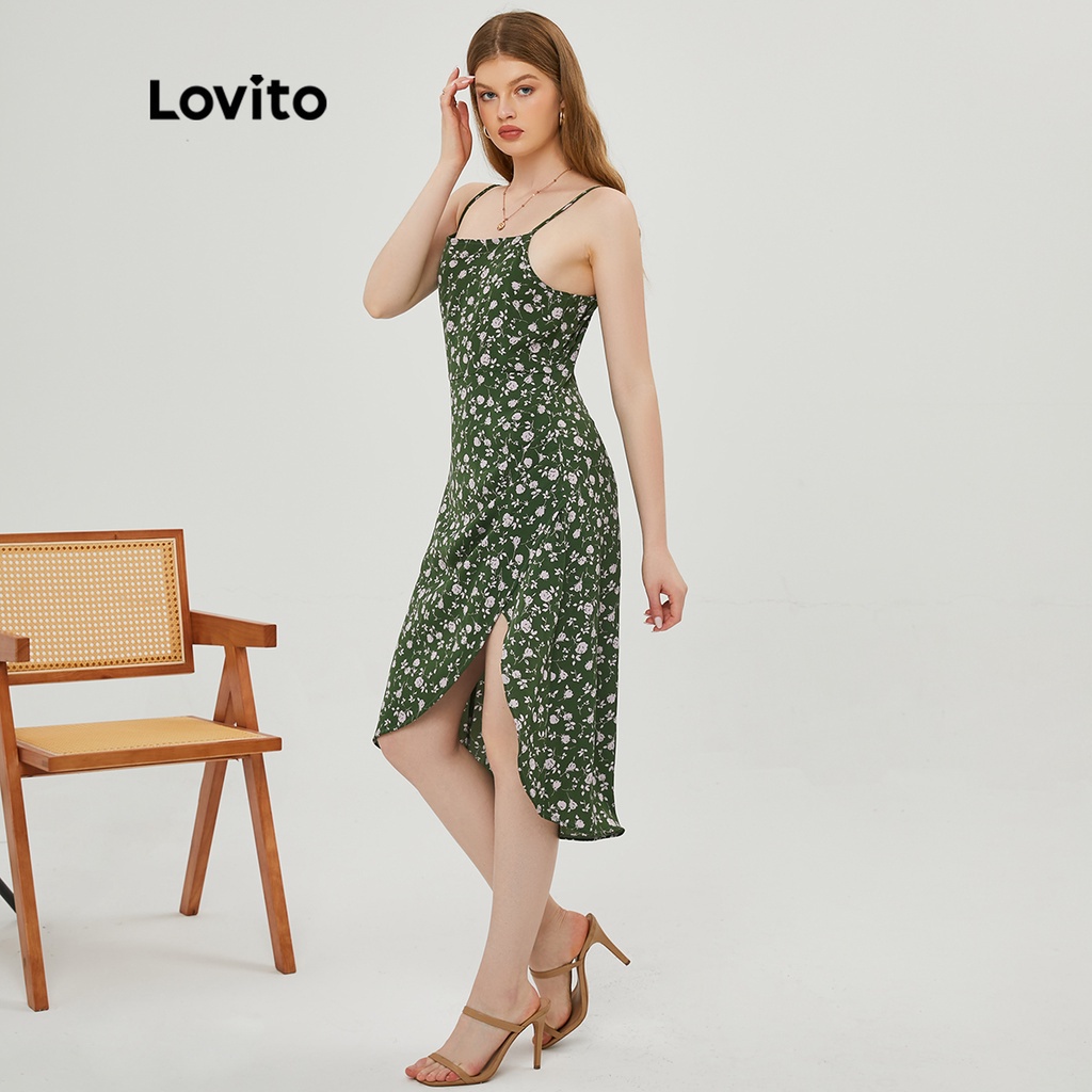 Lovito Đầm Hai Dây Phối Bèo Họa Tiết Hoa Xẻ Tà Phong Cách Vintage L20E001